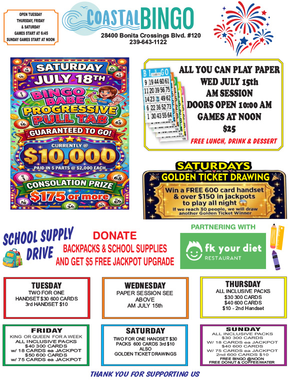 Coastal Bingo September 2024 calendar