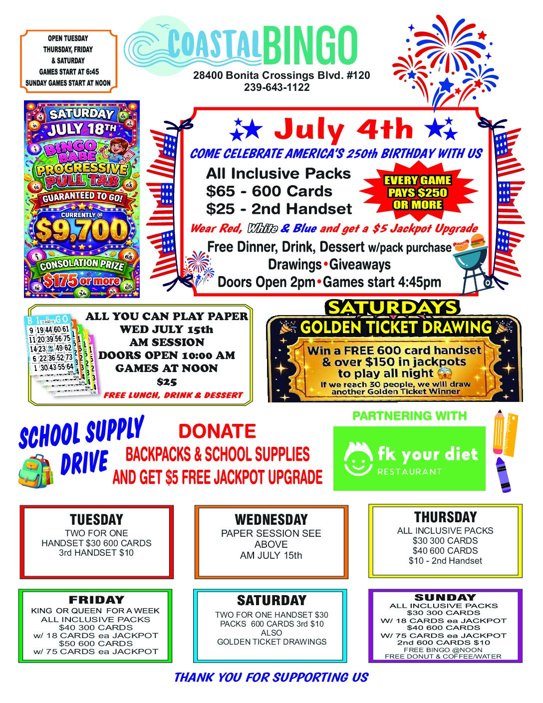Coastal Bingo September 2024 calendar